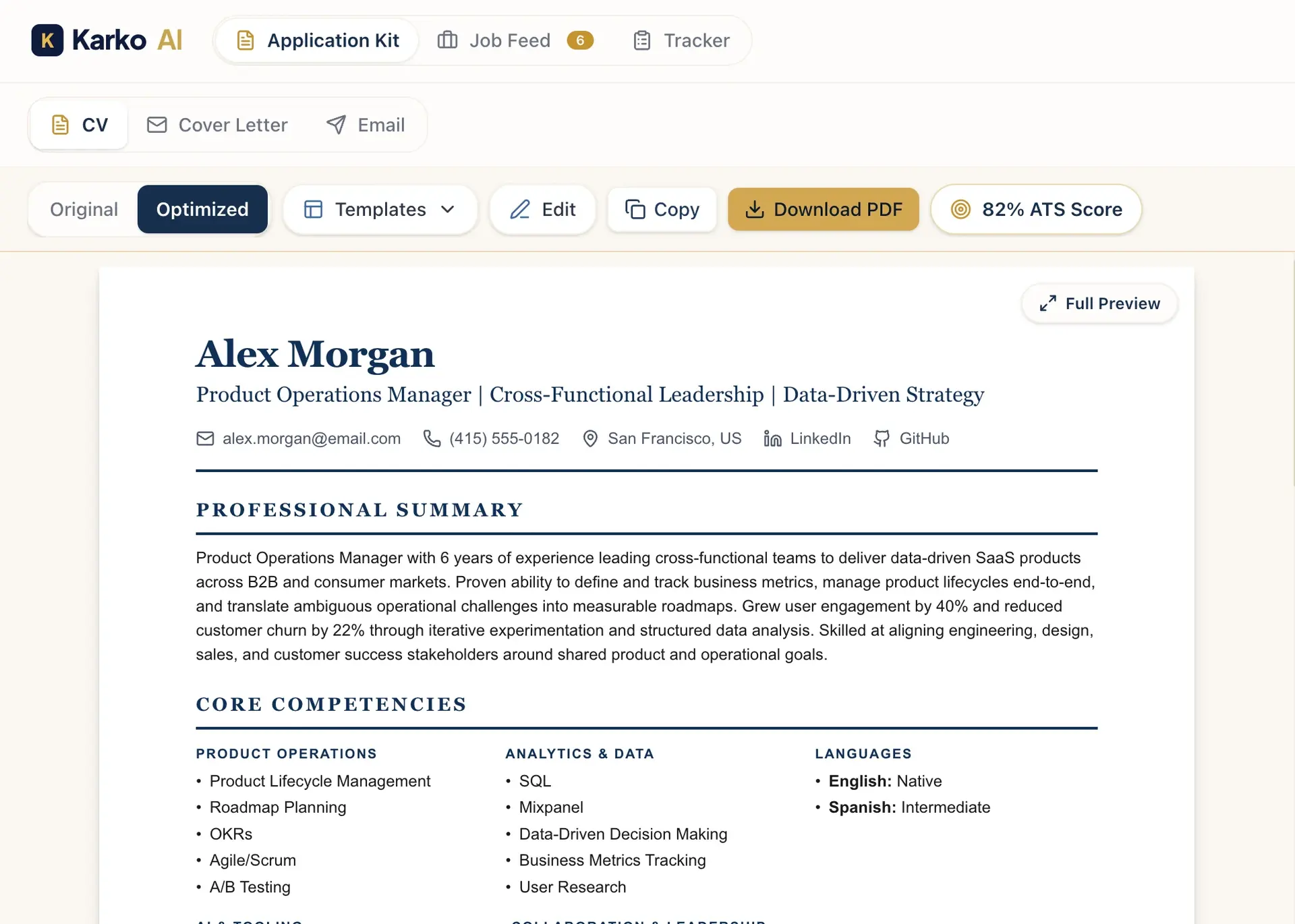 Useful Apply full application, tailored CV with Cover Letter, Email, and Screening Answers tabs