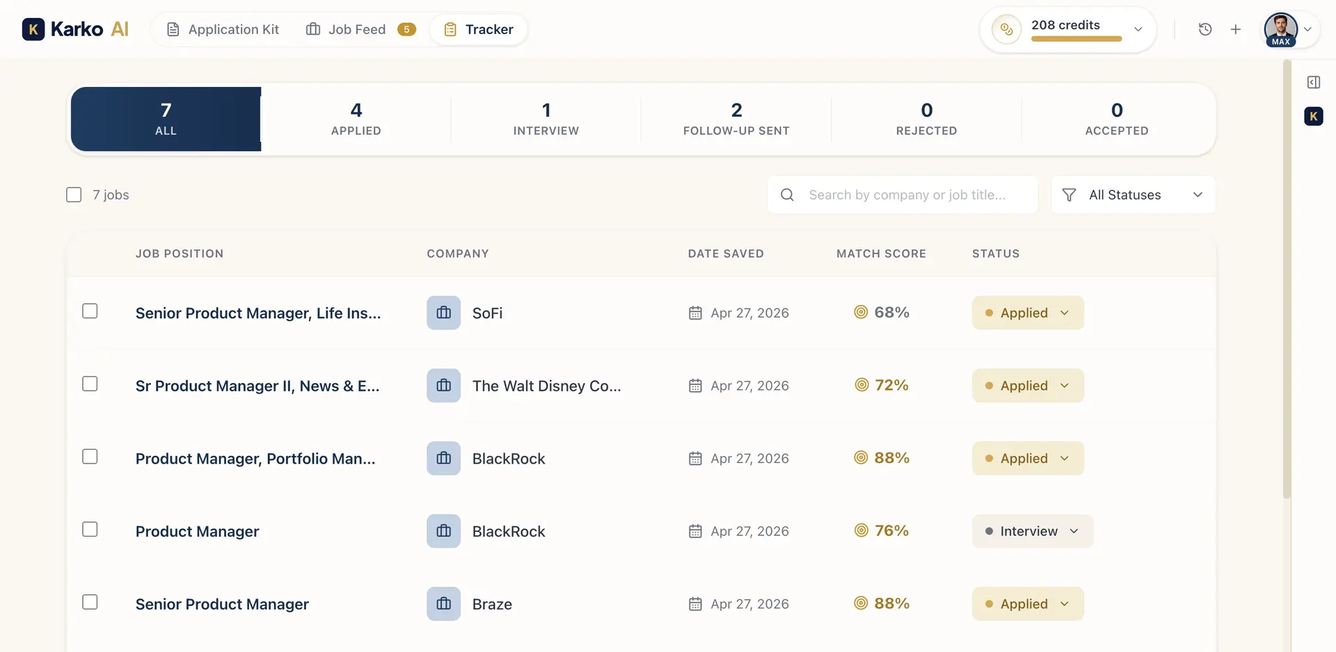 Useful Apply Application Tracker with match scores and status pills