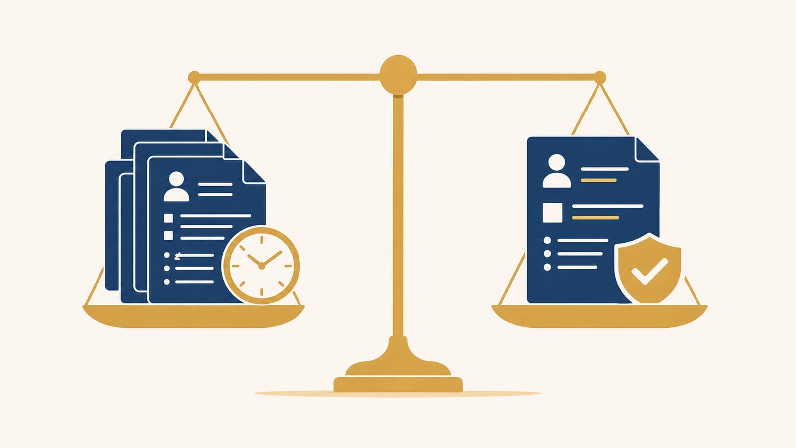 Balance scale showing Job Search Pressure (applications volume, time constraints, competition) on left vs Ethical AI Use (efficiency without fabrication, strategic focus) on right