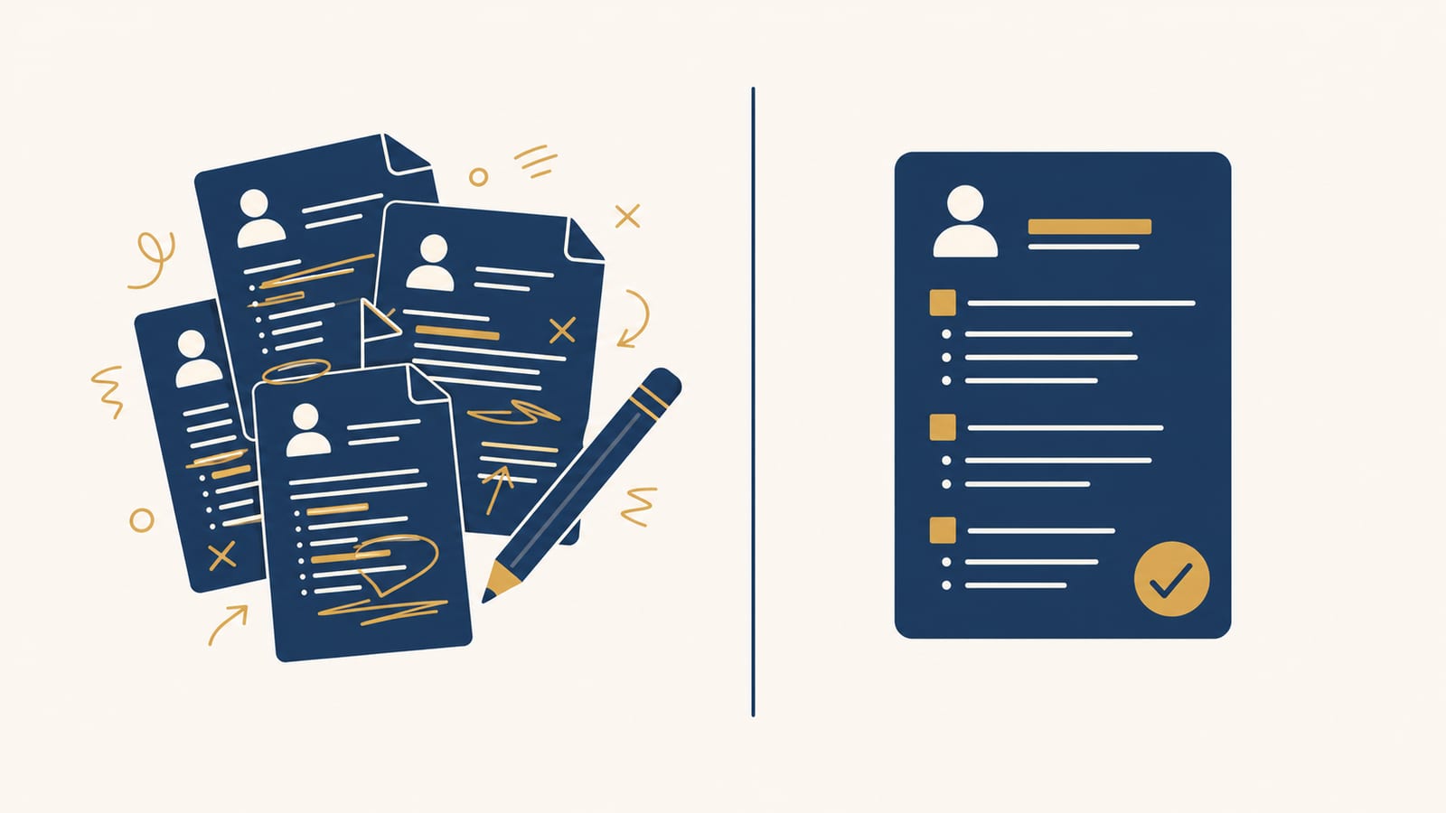 Split-screen: exhausted person manually editing resume vs. person smiling with AI-generated tailored resume