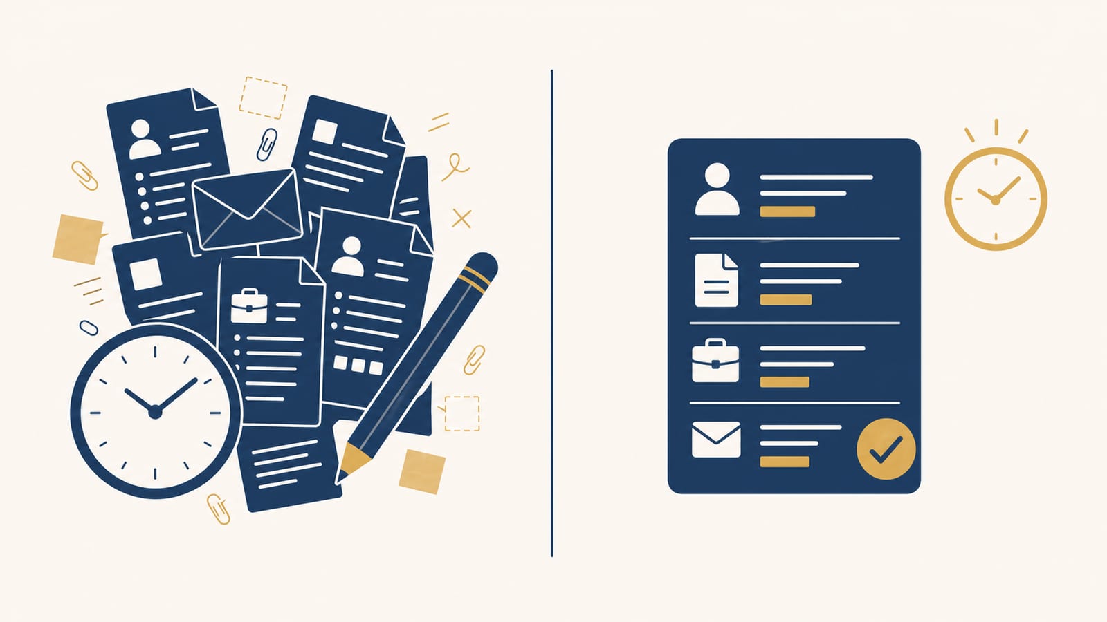 Split-screen comparison: a person overwhelmed with stacks of papers versus the same person smiling with a clean document generated in 90 seconds
