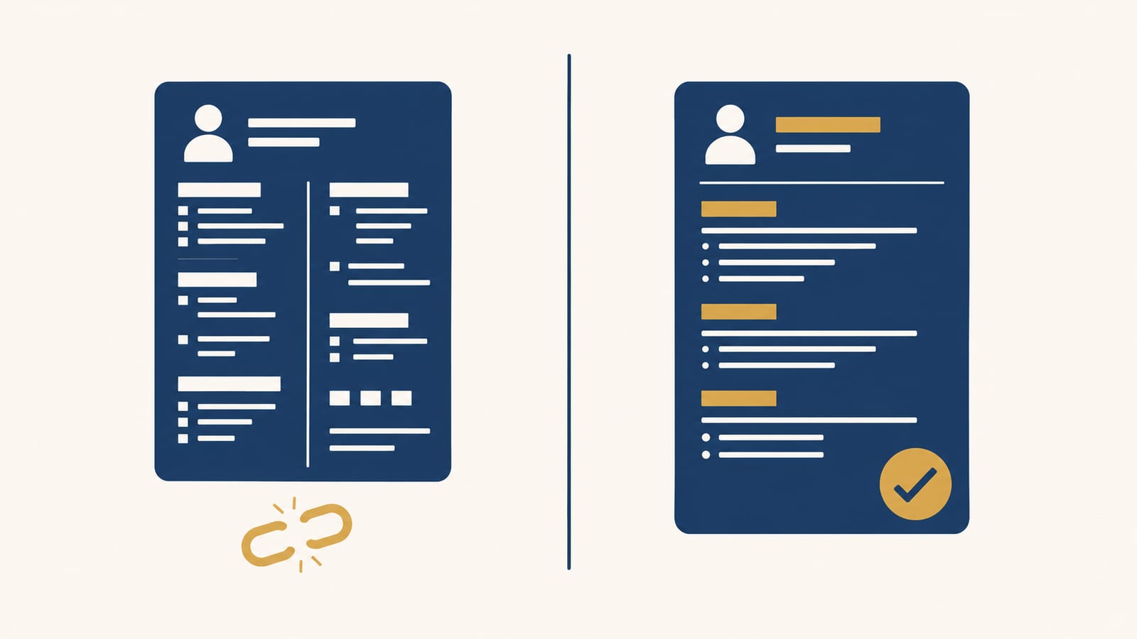 Side-by-side: Two-column resume (ATS fail) vs. Single-column resume (ATS pass)