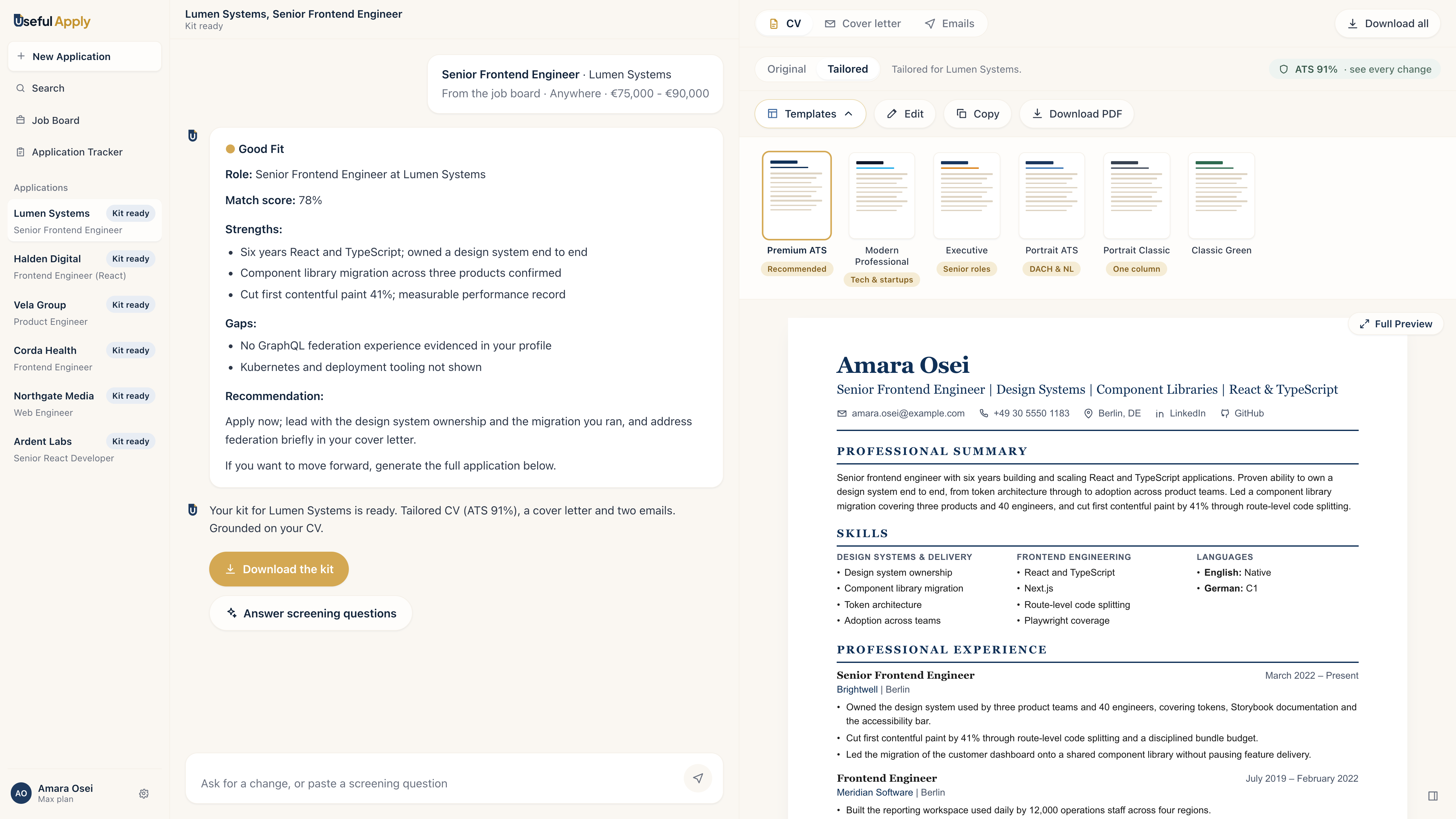The full dashboard with the tailored CV, ATS 91% and the template picker