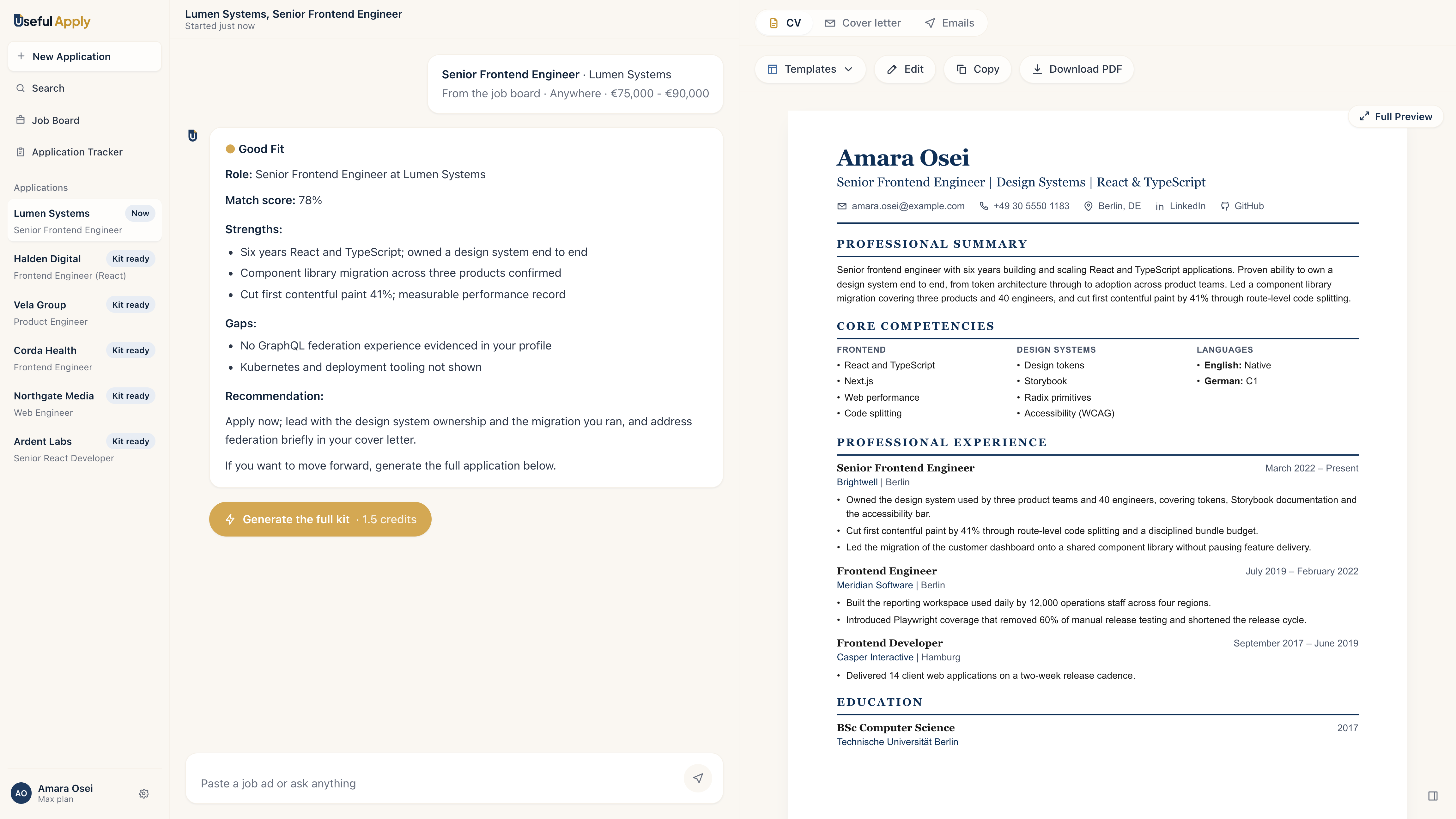 The full dashboard on a Good Fit result: 78% match in chat, CV preview on the right