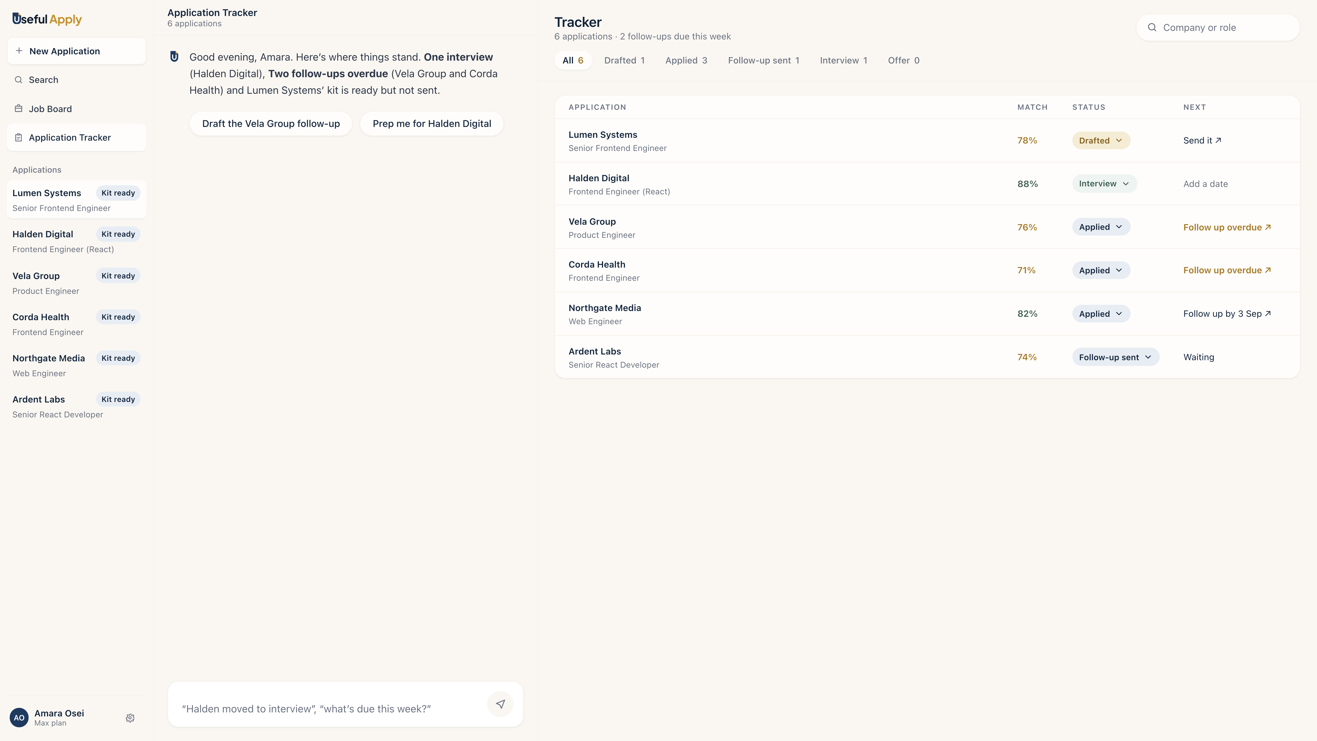 The full dashboard on the tracker: six applications, match scores and the next action on each