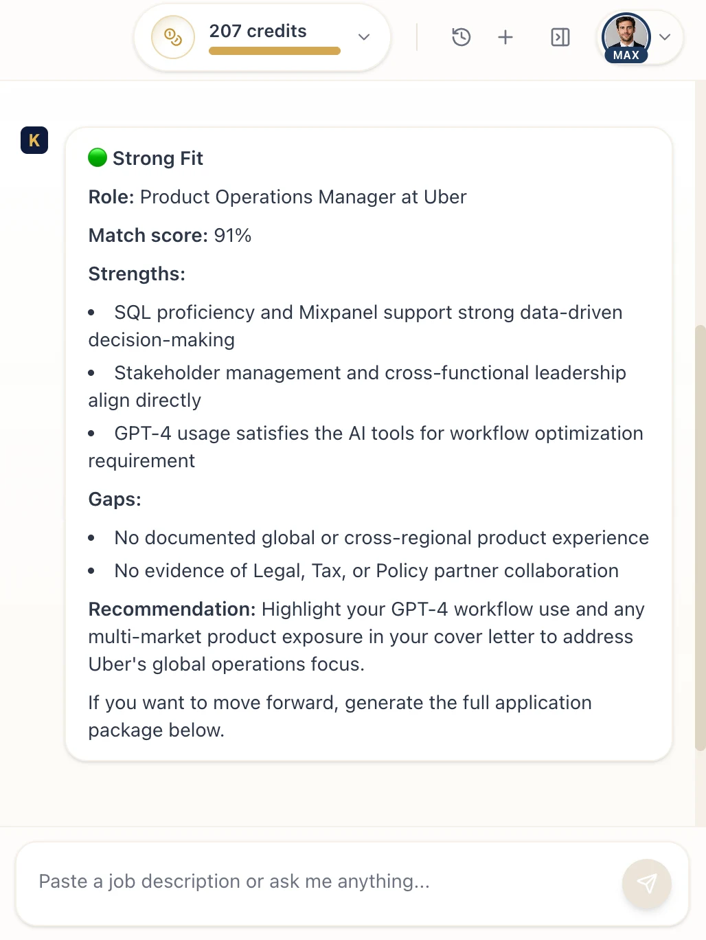 Useful Apply Fit Analysis showing match score, strengths, gaps and a recommendation for a specific role